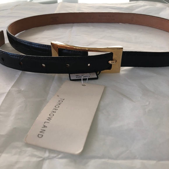 Ambroise Accessories - Black Crocodile Pressed belt with Gold Buckle